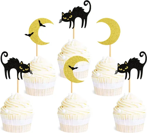 Miniatura 16 de Ercadio Paquete de 36 adornos para cupcakes de Halloween, sombrero de bruja, araña, calabaza, fantasma, gato, cupcakes, baby shower, cumpleaños
