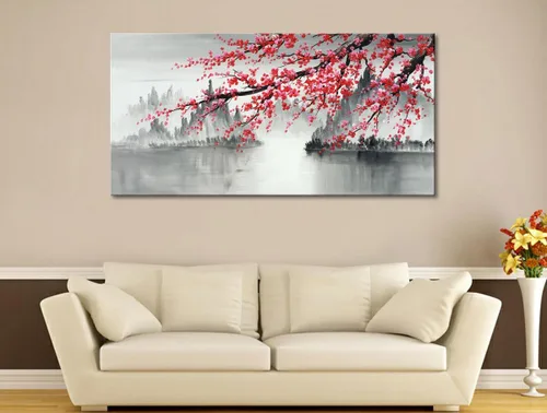 Miniatura 7 de Pintura al óleo china tradicional hecha a mano de flor de ciruelo rosa, arte de pared en lienzo, obra de arte de paisaje moderno en blanco y negro