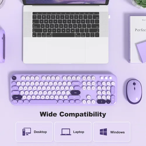 Miniatura 191 de KNOWSQT Combo de teclado y ratón inalámbrico, teclados lindos de tamaño completo estilo máquina de escribir 2.4G azul colorido - receptor USB Plug