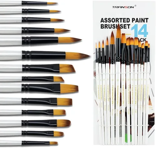 Transon Juego de pinceles de pintura artística de 14 piezas para acrílico, acuarela, gouache, óleo y pasatiempo, pintura de color blanco