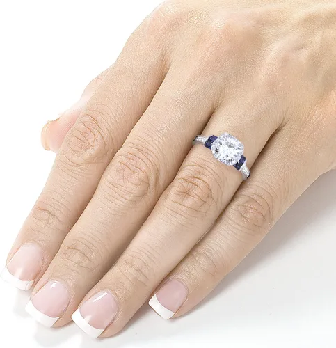 Miniatura 5 de Kobelli Anillo de compromiso Moissanita de corte redondo y zafiro 1 35 CTW Oro blanco de 14 k