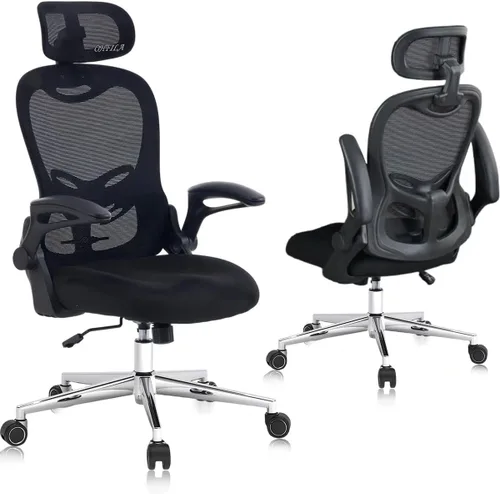 Silla de oficina, malla ergonómica transpirable, brazos abatibles y respaldo alto ajustable, cómoda silla de computadora para oficina en casa Negro