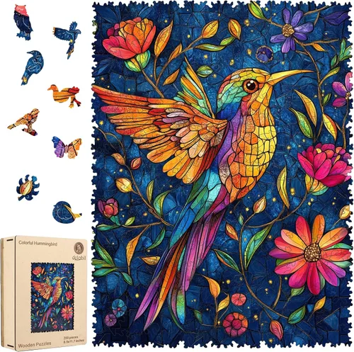 Delobil Rompecabezas de madera para adultos de 200 piezas, rompecabezas de madera de colibrí, rompecabezas de colibrí de forma única, regalos
