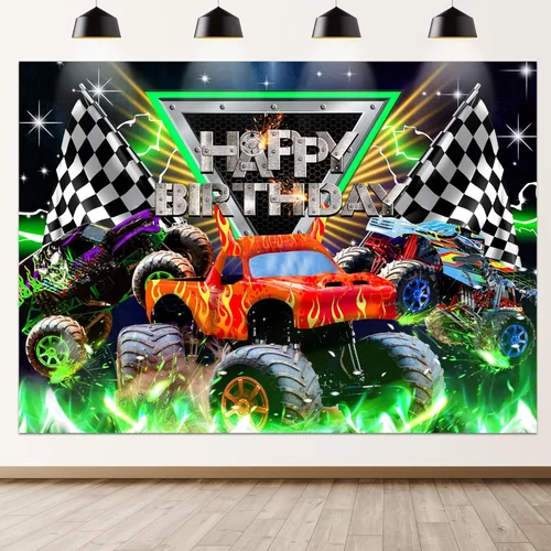 Miniatura 6 de Newsely - Telón de fondo personalizado con temática de camiones para fiesta de cumpleaños; suministros para fiesta de cumpleaños con temática