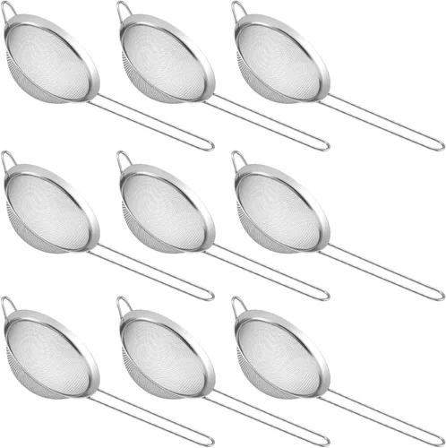 9 paquetes de colador de malla fina de acero inoxidable, colador pequeño para cóctel y té con asa para café, jugo, azúcar en polvo, 8.8 x 3.9