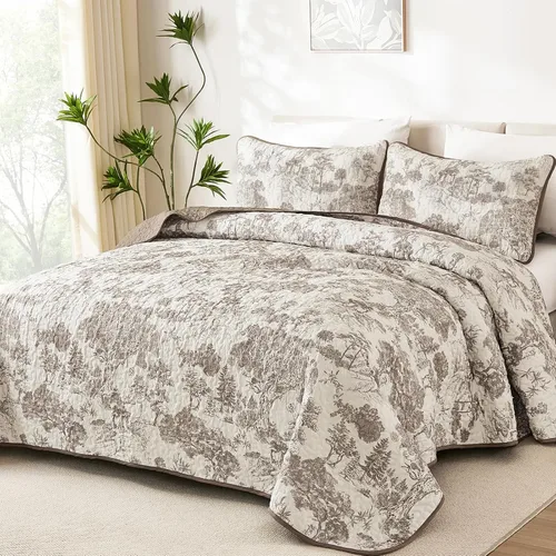 Miniatura 21 de WONGS BEDDING Juego de edredón botánico tamaño Queen, negro, 3 piezas, colcha con estampado floral de plantas Toile, juego de ropa de cama
