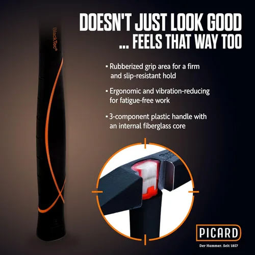 Miniatura 4 de Picard Martillo remachador BlackTec 10.58 oz - Patrón alemán, cruz Peen, cabeza de acero de aleación, recubrimiento en polvo negro, baja vibración