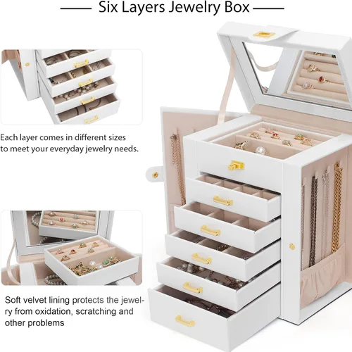 Miniatura 4 de AKOZLIN Organizador funcional de joyería de 6 niveles con 5 cajones, estuche de almacenamiento de joyas de cuero para mujeres y niñas, anillo