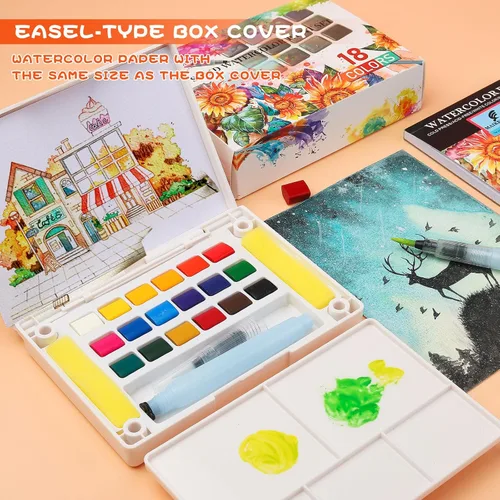 Miniatura 5 de Juego de pintura de acuarela, juego de pintura de viaje de colores vivos, juego de pintura fácil de agarrar, tamaño compacto, kit de acuarela con 18