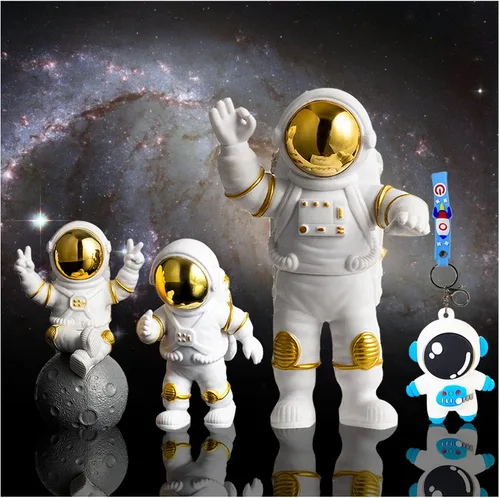 Miniatura 10 de Juego de 4 piezas de decoración de estatua de astronauta, adorno de figura de astronauta de poliresina azul, 3 piezas de espejo y 1 llavero