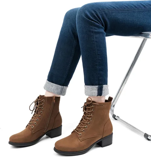 Miniatura 6 de VJH confort Botines de moda para mujer, tacón bajo, botines de combate gruesos con cordones y cremallera lateral