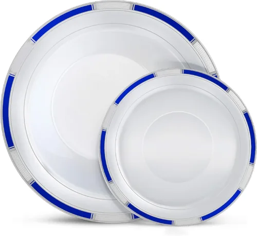 Miniatura 9 de Laura Stein Juego de vajilla de diseñador 32 cuencos de plástico desechables para fiestas, cuenco blanco con borde azul y detalles dorados