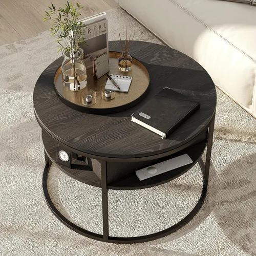 Miniatura 3 de HOJINLINERO Mesa de centro redonda elevable, con compartimento oculto de almacenamiento, decoración de mesa de centro de madera de granja