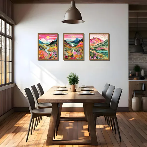 Miniatura 2 de Juego de 3 piezas de arte de pared de montaña colorida boho, pinturas abstractas de paisaje de flores de acuarela, pósters modernos de naturaleza