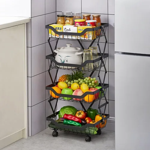 Miniatura 5 de Cestas de cocina, despensa, organizador de almacenamiento, sin necesidad de montaje, 4 niveles, plegable, de metal, plegable, cesta de frutas