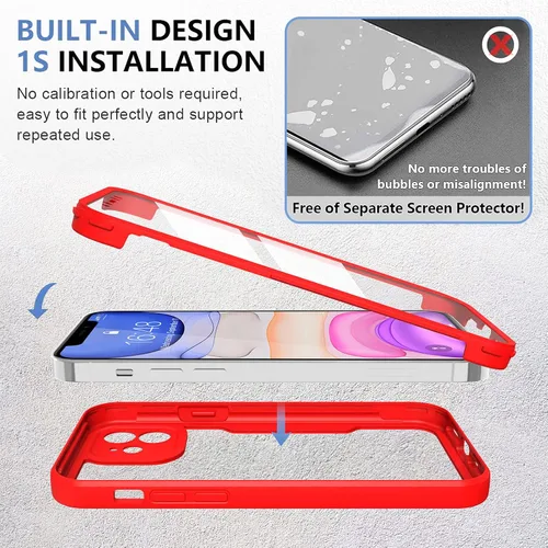 Miniatura 8 de Funda compatible con iPhone 11, diseño transparente de cuerpo completo con protector de pantalla integrado, a prueba de golpes, antiarañazos, Rojo
