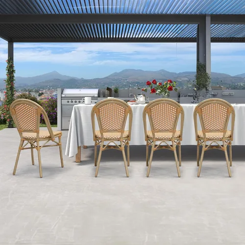 Miniatura 20 de PURPLE LEAF Juego de 1 silla de comedor al aire libre, marco de aluminio francés en acabado de bambú con ratán tejido ámbar y blanco para cocina