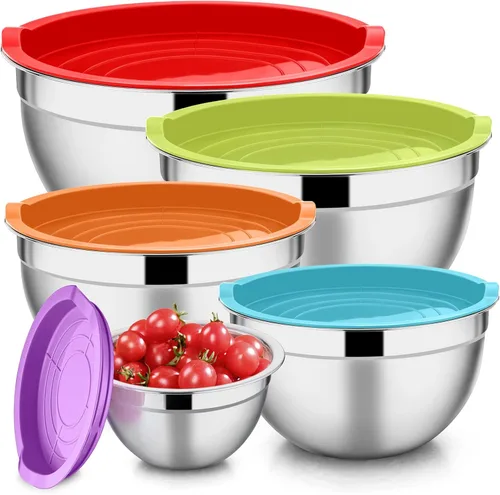 E-far Juego de 5 tazones para mezclar con tapas, cuencos de acero inoxidable con tapas herméticas, no tóxicos y aptos para lavavajillas, ideales