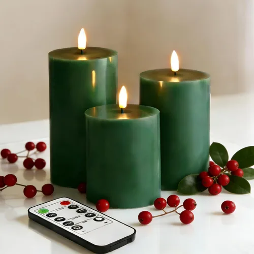 Miniatura 13 de Eywamage Velas de pilar sin llama de cera real blanca con control remoto, velas LED parpadeantes de batería, juego de 3 Blanco