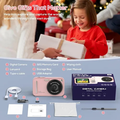 Miniatura 7 de Cámara digital para niños, cámaras digitales de 48 MP FHD 1080P para apuntar y disparar con zoom de 16X, cámaras portátiles compactas