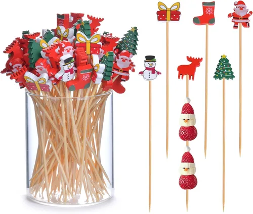 JtmyAota 100 unidades de palillos de dientes de Navidad para aperitivos, palillos de cóctel de bambú natural de 4.7 pulgadas para decoración de