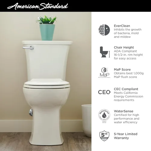 Miniatura 3 de American Standard 608AA005.020 Edgemere Inodoro de dos piezas con asiento de cierre lento y anillo de cera, parte delantera alargada, descarga a
