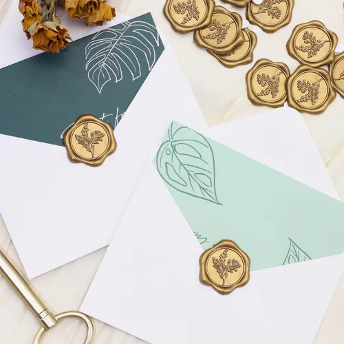 Miniatura 4 de SWANGSA 50 calcomanías de cera de hojas de eucalipto, sello de sobre de invitación de fiesta de boda dorado antiguo, autoadhesivo para tarjetas