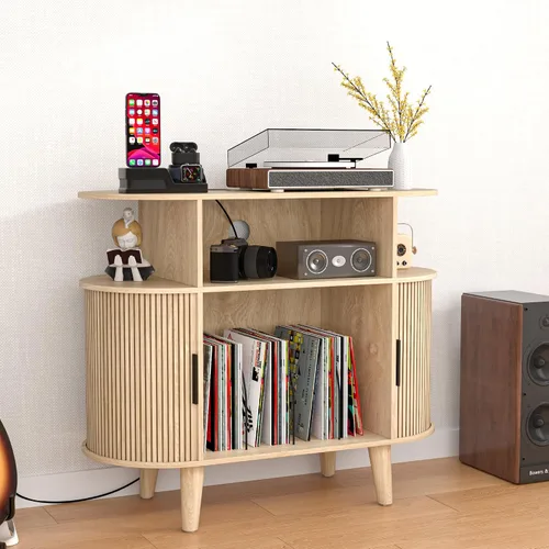 Miniatura 6 de LUVIOHOME Soporte redondo para tocadiscos, mesa de tocadiscos de mediados de siglo, estante para tocadiscos de vinilo con salida de corriente