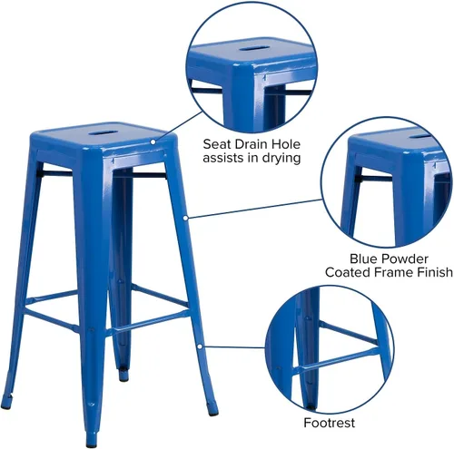 Miniatura 4 de Flash Furniture - Taburete de bar de grado comercial de 30 pulgadas de alto, sin respaldo, de metal azul para interior/exterior con asiento cuadrado