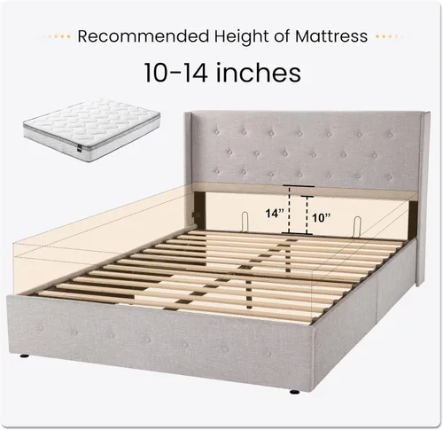 Miniatura 8 de SHA CERLIN Base de cama tamaño queen con almacenamiento elevado, cabecero abatible con botón, plataforma tapizada, almacenamiento hidráulico, Beige