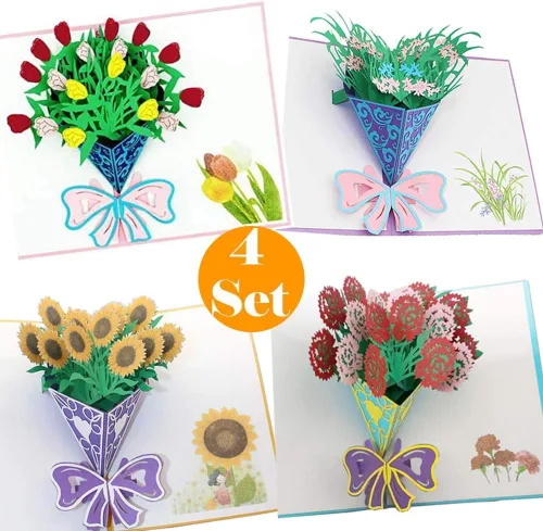 Miniatura 10 de Tarjetas emergentes de flores 3D, tarjeta de felicitación de flores con sobres para todas las ocasiones, 4 tarjetas de flores surtidas para Acción
