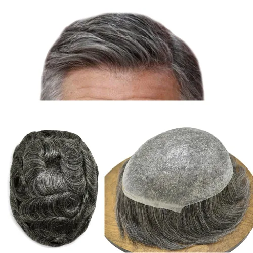 Miniatura 18 de Tupé para hombre, extensiones de cabello humano Remy para hombre, piel fina, 0.002 in, sistema de reemplazo de cabello con bucle en V para hombres