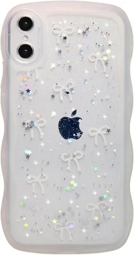 Miniatura 36 de Qokey Funda para iPhone 12 Pro Max de 6.7 pulgadas, diseño de onda rizada, borde transparente, brillante con purpurina, estrella brillante, bonita