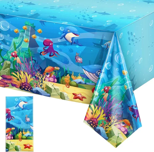 Tiamon Paquete de 1 mantel de fiesta marina, animales del océano, criaturas submarinas, cubierta de mesa para decoración de fiesta de cumpleaños, 54