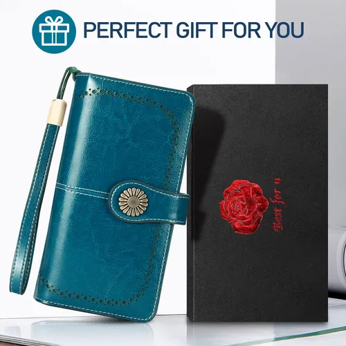 Miniatura 6 de HUANLANG Cartera grande de cuero para mujer con bolsillo para monedas, organizador de cartera RFID para mujer con correa para muñeca, Estilo 2