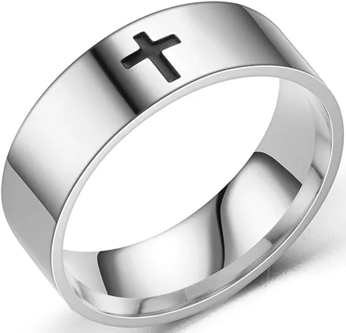 Jude Jewelers Anillo de boda religioso de acero inoxidable de 0.315in con cruz cristiana simple, Metal, Zirconia cúbica