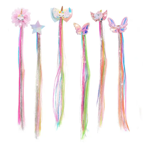 Miniatura 10 de Little World Pinzas para el cabello para niñas, 6 extensiones de cabello arcoíris, pinzas de pelo de unicornio para niñas y niños pequeños, colas