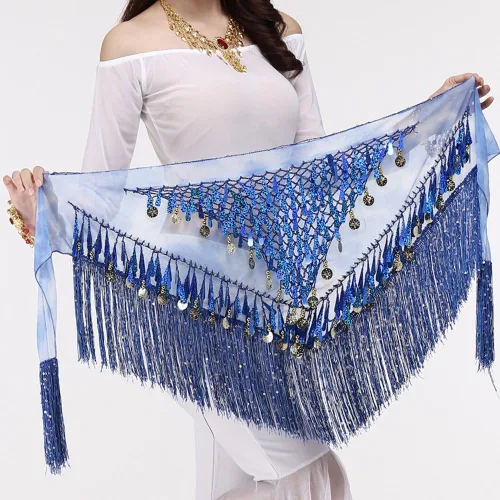Miniatura 7 de MUNAFIE Belly Dance Hip Scarf with Tassels Sequins, Triangle Coins Wrap Skirt Music Festival Clothing Skirt