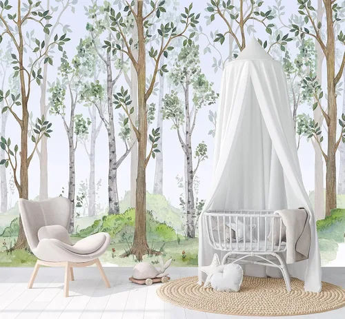 Innovative Stencils Papel tapiz de acuarela para despegar y pegar, diseño de bosque de abedul, decoración de guardería, tela de bosque, extraíble y