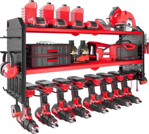 KAFAHOM Organizador de herramientas eléctricas, soporte de pared grande para 8 taladros con 2 tableros de clavijas laterales, estante de Rojo