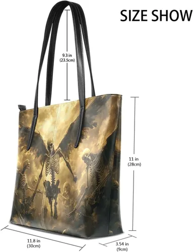 Miniatura 4 de Bolso de mano grande con diseño de ángel de esqueleto gótico para mujer, piel sintética, asa superior, bolsa de hombro impermeable con cremallera