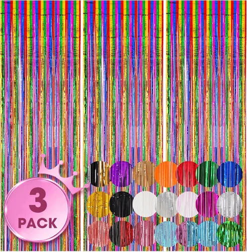 Miniatura 60 de Voircoloria - Cortinas de fondo de flecos de papel de aluminio para fiestas, 3 piezas, 39.6 x 98.4 pulgadas, azul retro 48 Retro Azul