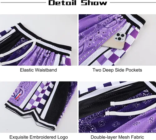 Miniatura 5 de BOOMLEMON Pantalones cortos de baloncesto para hombre, pantalones cortos de entrenamiento atléticos de cachemira, pantalones cortos de malla