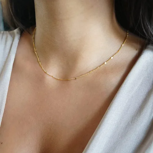 Miniatura 3 de BERISO Gargantilla de satélite chapada en oro de 14 quilates cadena de 3 cuentas azules cadena de eslabones con corazones abiertos cadena