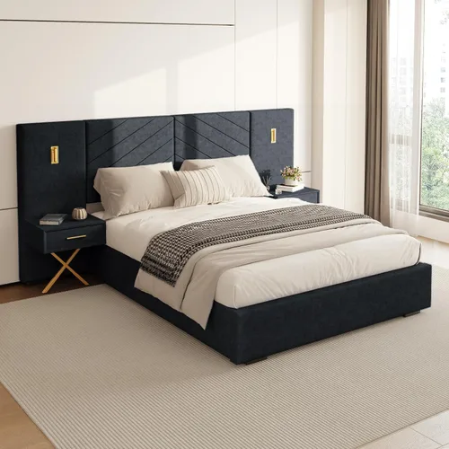 Miniatura 10 de DEINPPA Base de cama Queen de lujo con luces LED doradas integradas y mesitas de noche, cama de plataforma tamaño Queen con cabecera tapizada
