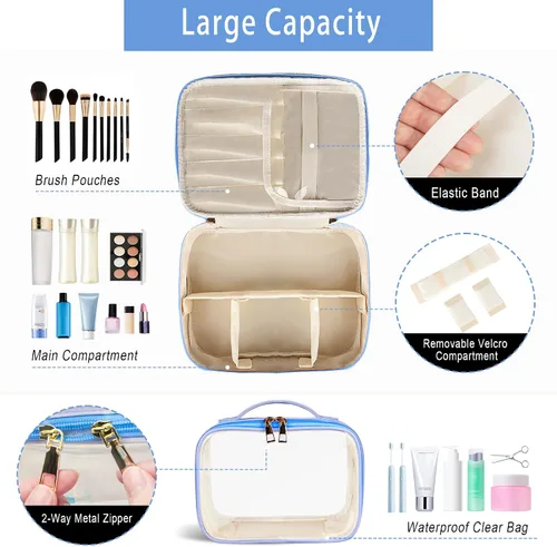 Miniatura 3 de Bolsa de maquillaje, 2 bolsas de cosméticos de piel sintética, estuche de maquillaje portátil de viaje, organizador de maquillaje grande con bolsa