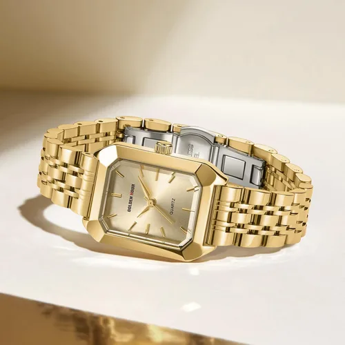 Miniatura 7 de GOLDEN HOUR Reloj rectangular de cuarzo para mujer, correa de acero inoxidable en tono dorado