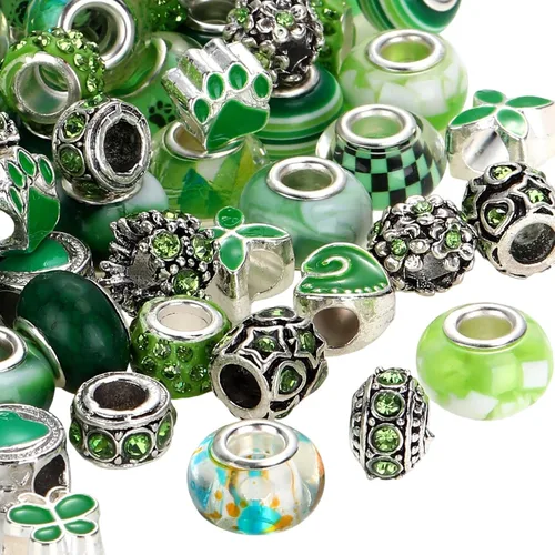 Miniatura 10 de 80 piezas surtidas de cuentas europeas de agujero grande, cuentas de vidrio espaciadoras, cuentas de diamantes de imitación, dijes de metal macramé