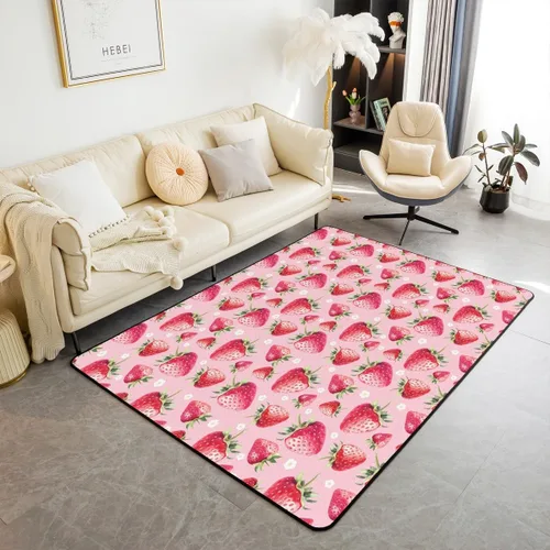 Alfombra decorativa de fresa de 3 x 5 para niños, con estampado de frutas tropicales, para niños y niñas, alfombra con estampado de fresas dulces