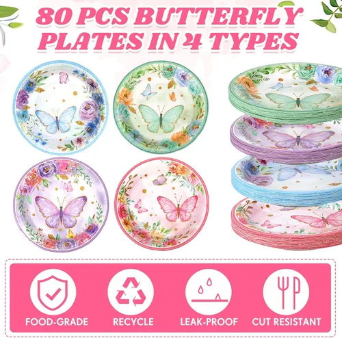 Miniatura 3 de 80 platos de fiesta de cumpleaños de mariposa, platos de papel de mariposa de 7 pulgadas, decoración de vajilla desechable floral de primavera